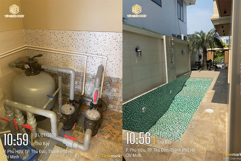 lắp đặt thiết bị phòng máy và phụ kiện bể bơi