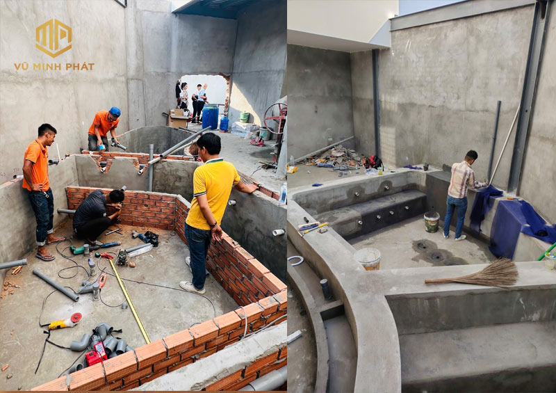 Quá trình Xây dựng chống thấm, đi ống bể