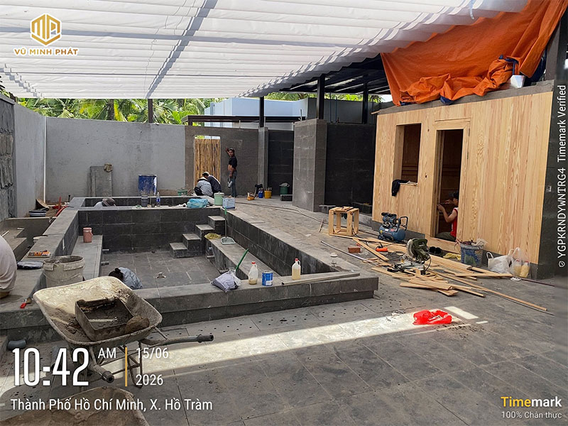 Quá trình thi công onsen và sauna tại Meilia