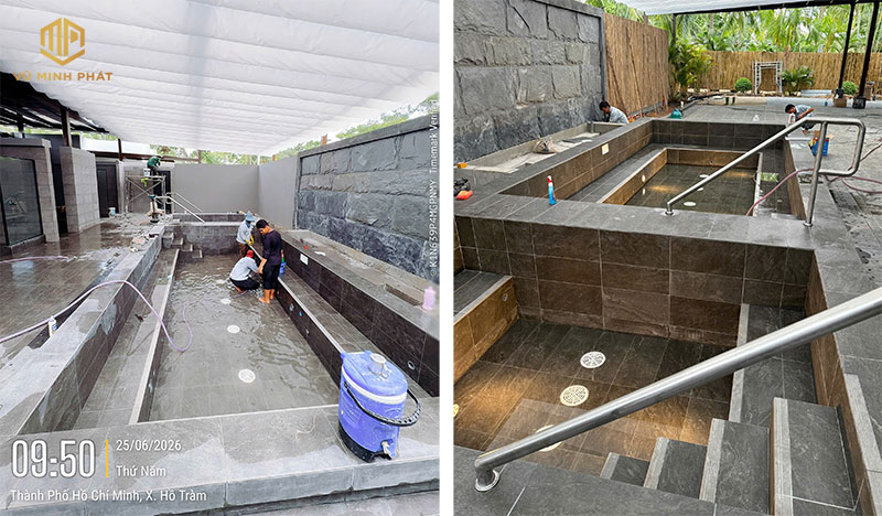 Vệ sinh bơm nươc chạy thử bể onsen